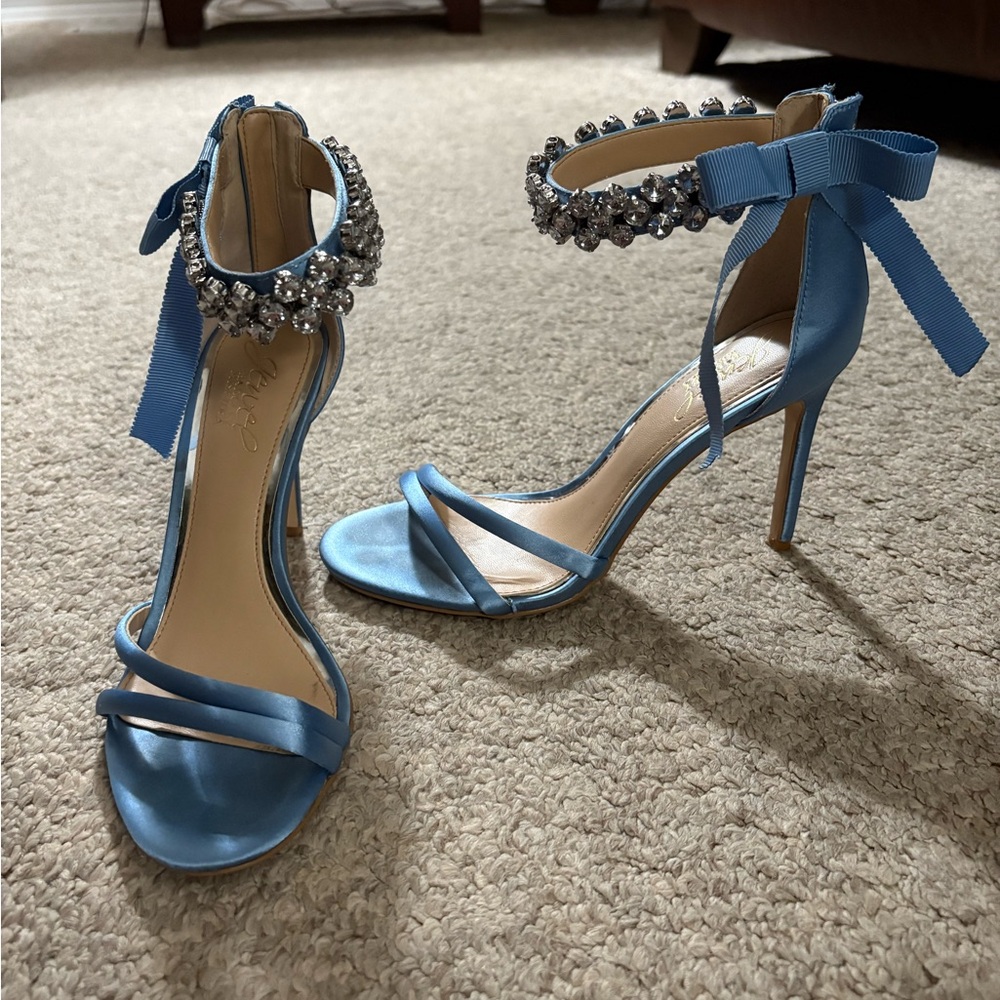 Jewel Badgley Mischka Blue Heels with Rhinestone Ankle Strap